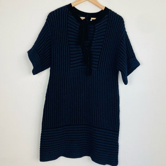 Chloe navy blue & black textured sweater dress with chenille tie at neck. Small - Picture 3 of 9